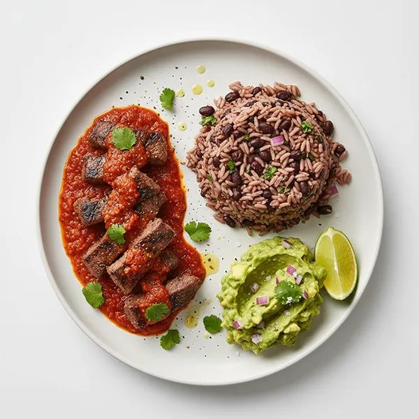 Romesco Beef Strips with Black Bean Rice with Chunky Guacamole